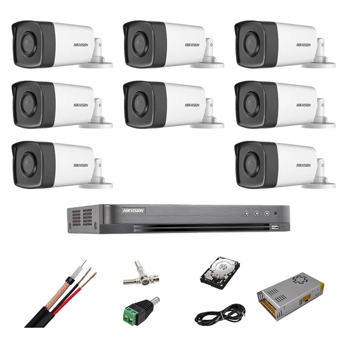 Sistem de supraveghere Hikvision HiWatch, 6 camere 5MP, IR 20m, DVR 8 canale, kit complet