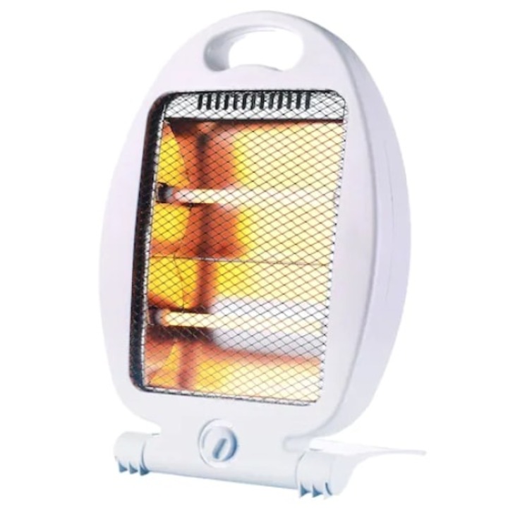 Radiator incalzitor cu quartz, putere 800W, cu termostat si indicator luminos de functionare, 2 trepte de putere, grila de siguranta, cu 2 elementi, maner pentru transport, alb