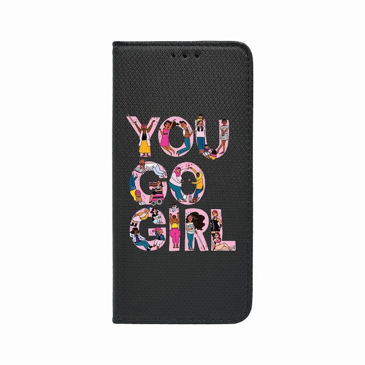 Калъф тип тефтер Unique за Apple iPhone 14, Girl Power, Magnetic Flip Case, Black, FLb 250