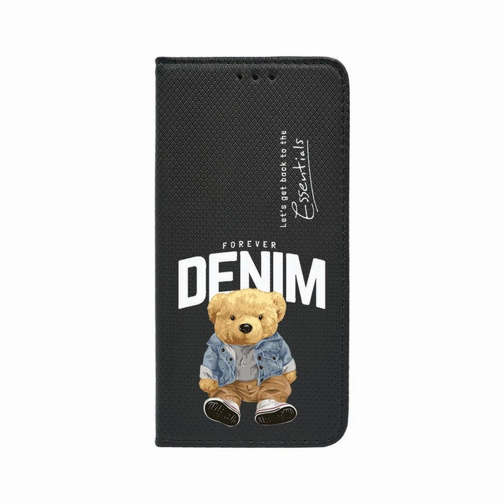 Oldalra nyíló mágneses könyv tok, Realme C11 (2021), Denim Style Teddy Bear, szilikon belső, kártyatartó, állvány funkció, FLb 930