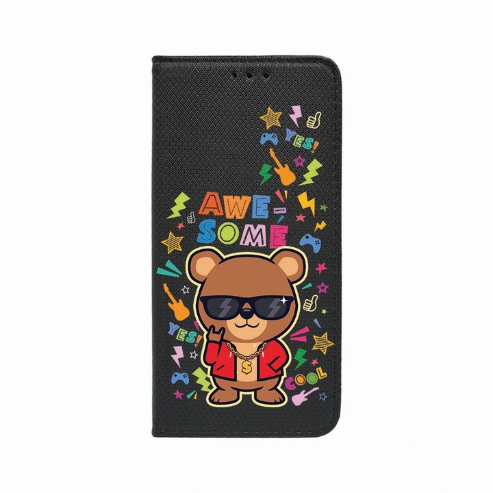 Калъф тип тефтер Unique за Huawei Mate 20 Lite, Awesome Teddy Bear, Magnetic Flip Case, Black, FLb 921