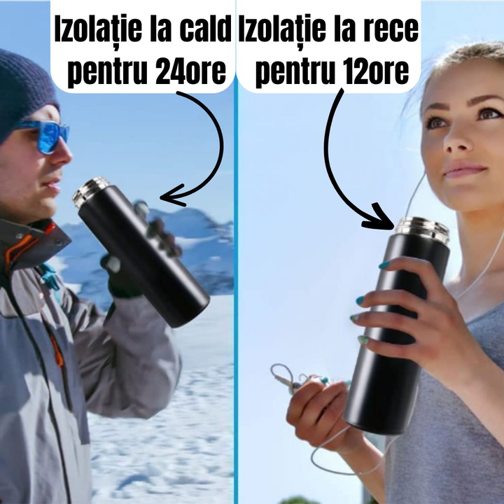 Termos, afisaj Led cu ecran tactil, indicator temperatura, otel inoxidabil, sticla inteligenta, ideala pentru cald si rece, 500ml, negru