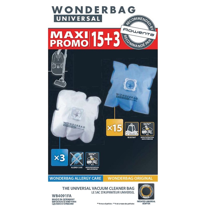 Set de saci pentru aspirator Rowenta Wonderbag, 15 saci Wonderbag Original + 3 saci Allergy Care