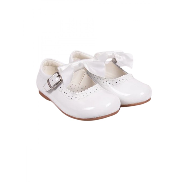 Pantofi Mary Jane din piele naturala albi cu funda satin 455, Alb
