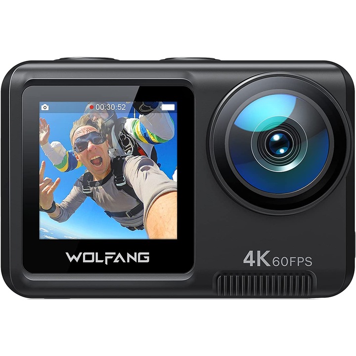 Camera video sport Wolfang GA420, Dual Screen, 24MP, 4K, 60FPS, EIS, 2x1350mAh, Wi-Fi, Waterproof, Black