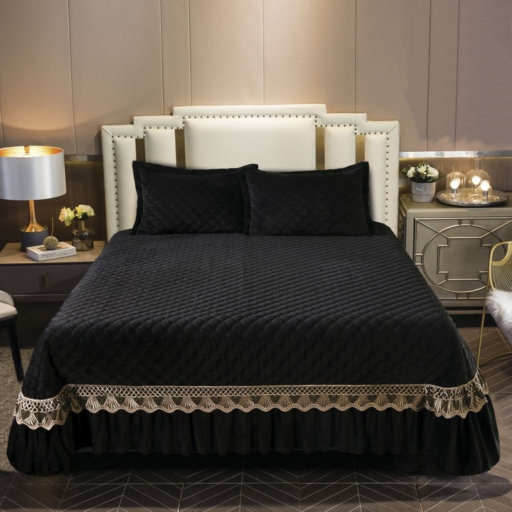 Комплект юрган с волани и 2 калъфки за възглавници, двойно легло, CATI15-1, черен, 220 x 240 см