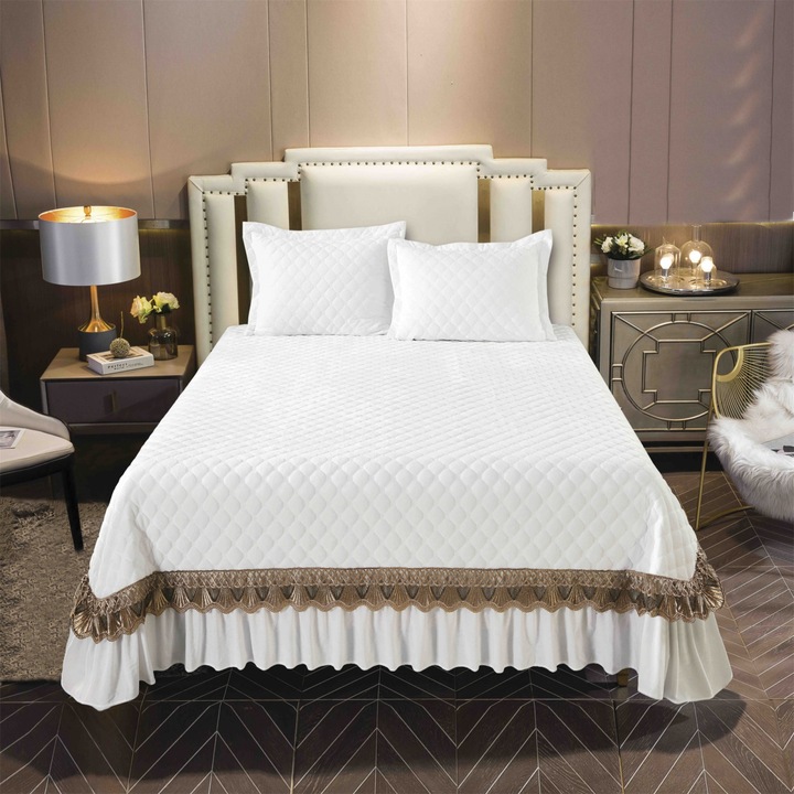 Set cuvertura cu volane si 2 fete de perna, pat dublu, CATI15-9, alb, 220 x 240 cm