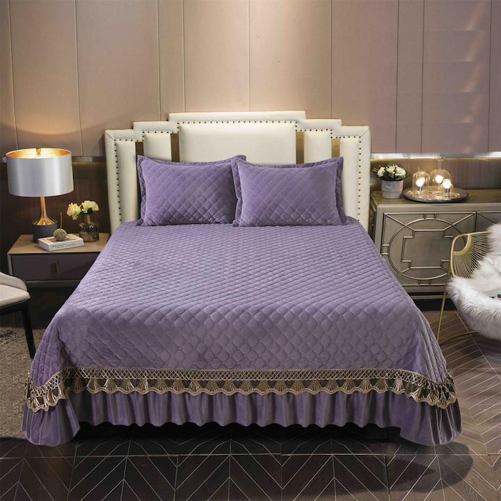 Комплект юрган с волани и 2 калъфки за възглавници, двойно легло, CATI15-8, лилав, 220 x 240 см