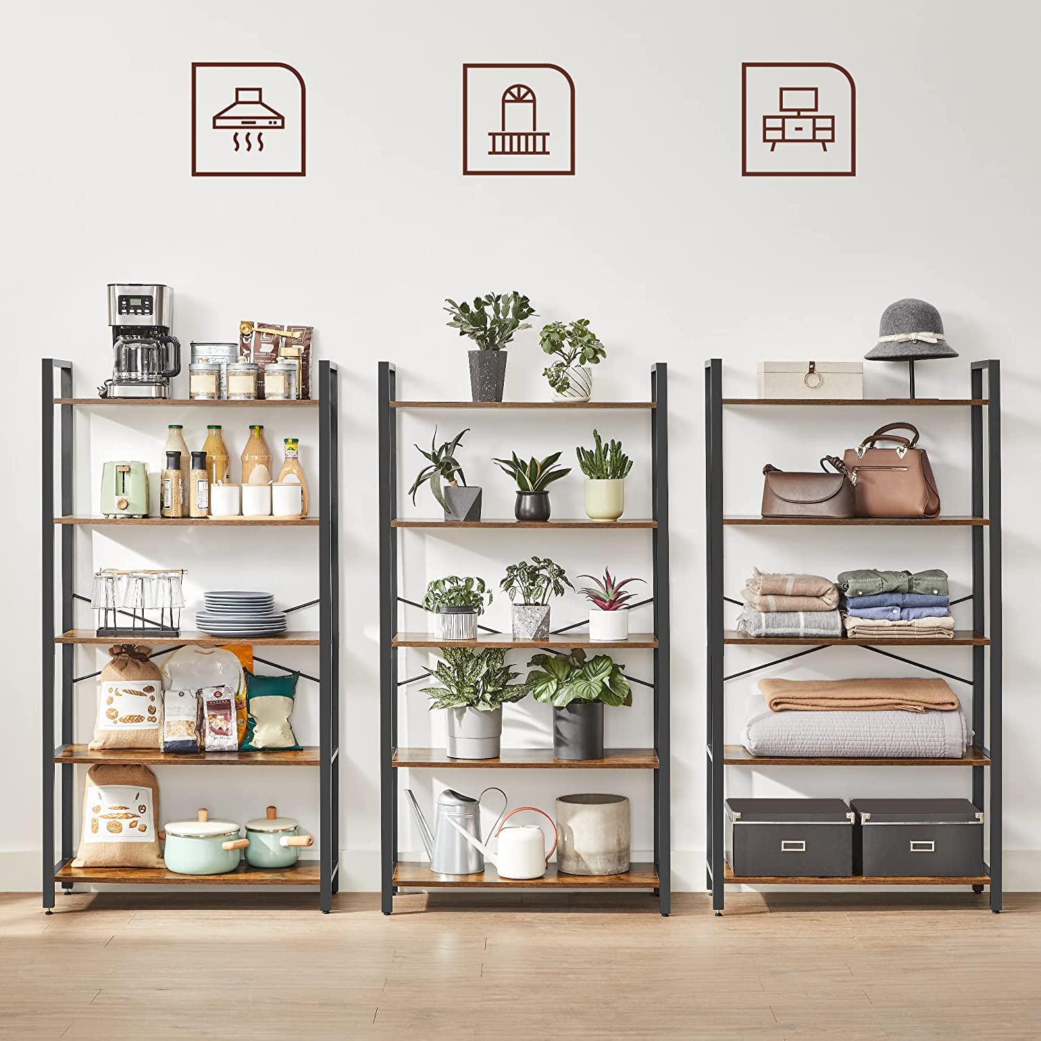 Biblioteca cu 5 rafturi, VASAGLE, stil industrial, maro rustic 80 x 30 ...
