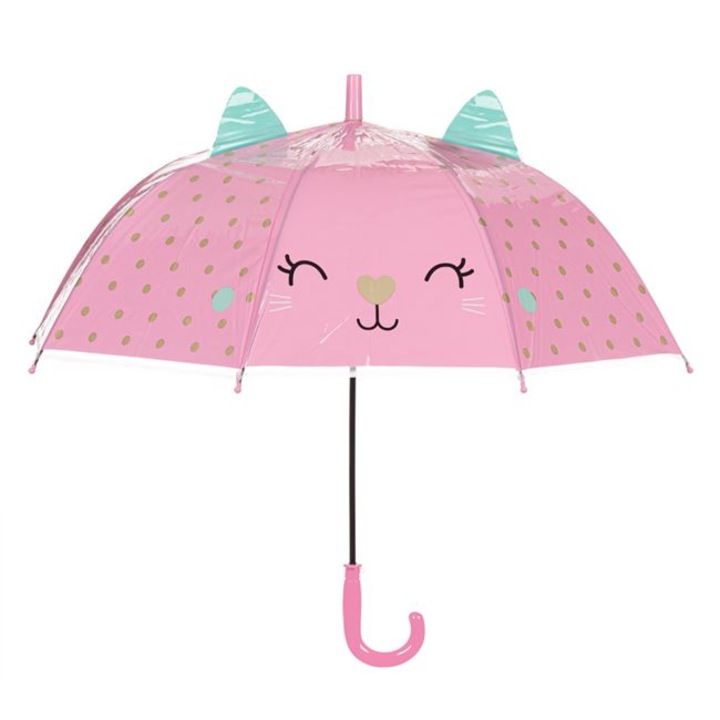 Umbrela de Ploaie Baston Roz cu Buline Aurii Pisica cu Urechi pentru Copii 66cm