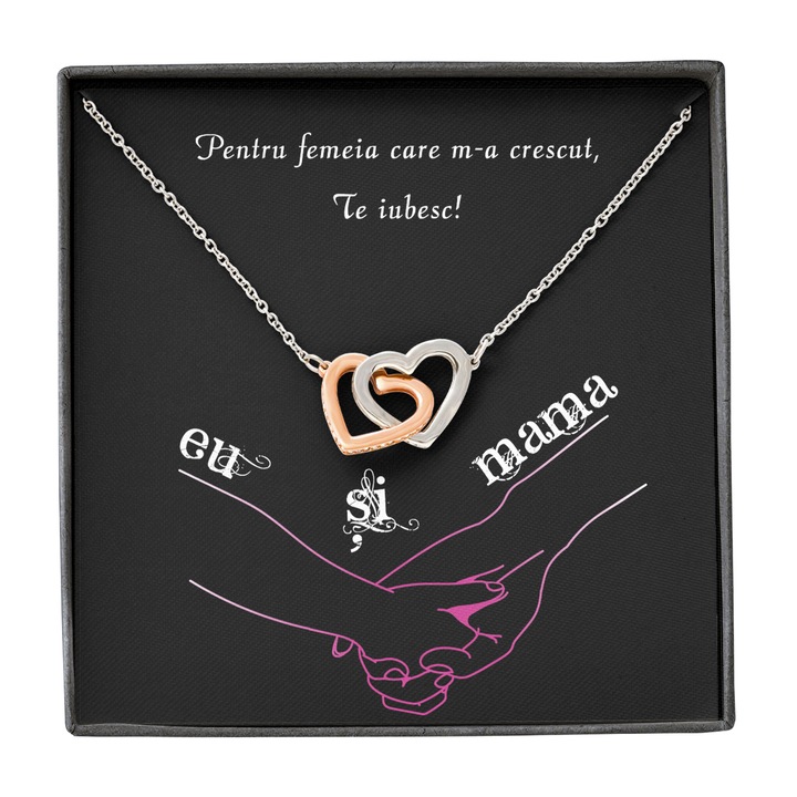 Colier Cu Pandant 2 Inimi Placate Cu Aur Alb Si Aur Rose 14K, Joystos, Cu Mesaj Pentru Mama, Ambalat Pentru a putea fi Daruit Cadou