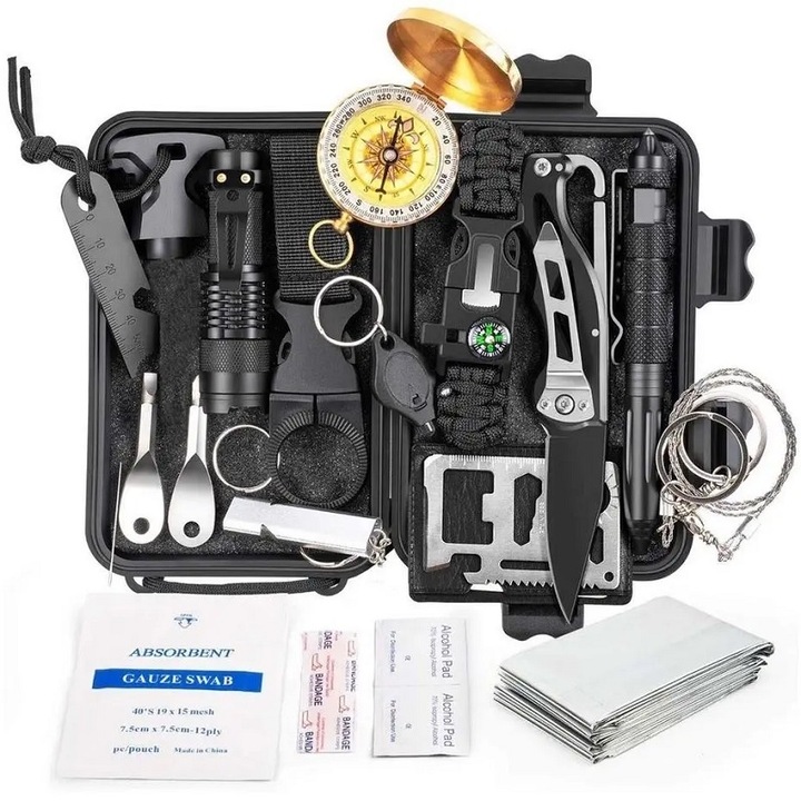 Kit de supravietuire cu elemente esentiale, Gonga® Negru 18 elemente