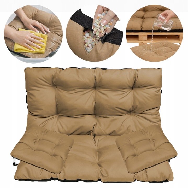 Set Perne banca gradina, terasa, mobilier, Bej, 120x60x50 + 2x 45x45 cm, exterior, impermeabila, pentru balansoar, paleti, banca, Superkissen24