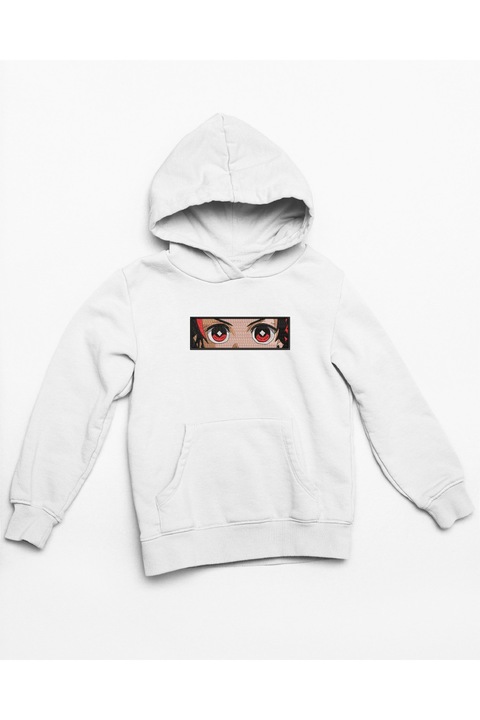 Бродирана аниме блуза с качулка Demon Slayer Tanjiro v2, Бял