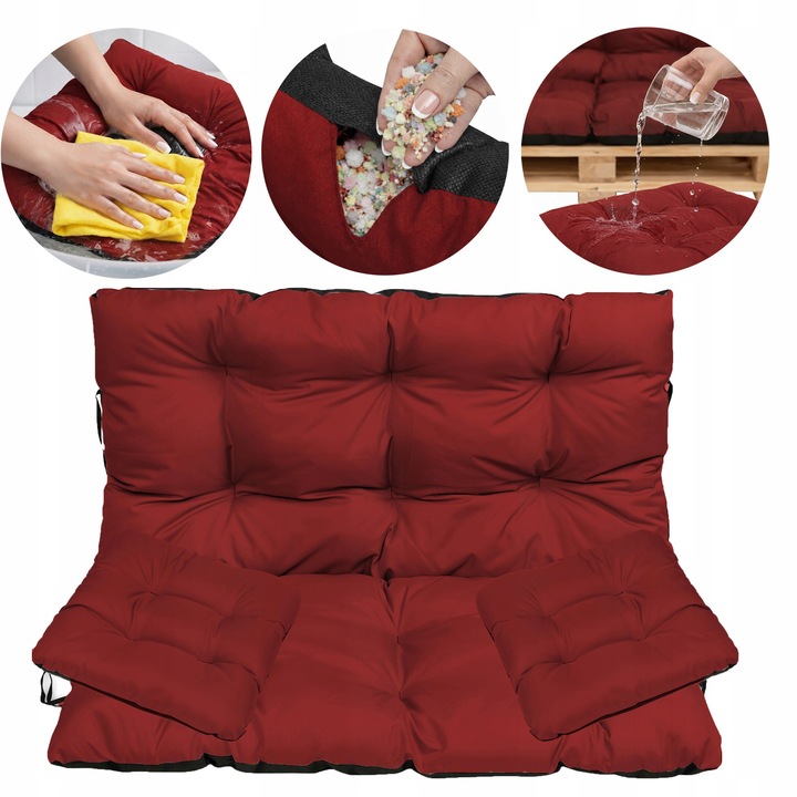 Set Perne banca gradina, terasa, mobilier, Visiniu, 120x60x50 + 2x 45x45 cm, exterior, impermeabila, pentru balansoar, paleti, banca, Superkissen24