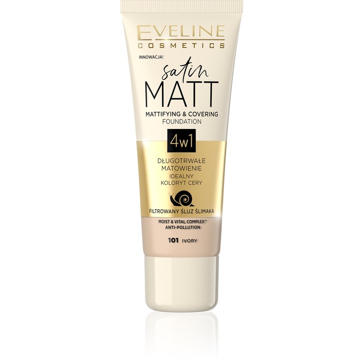Eveline Satin Matt Mattifying & Covering Foundation 4in1 folyékony make-up matt hatású 101 Ivory 30 ml