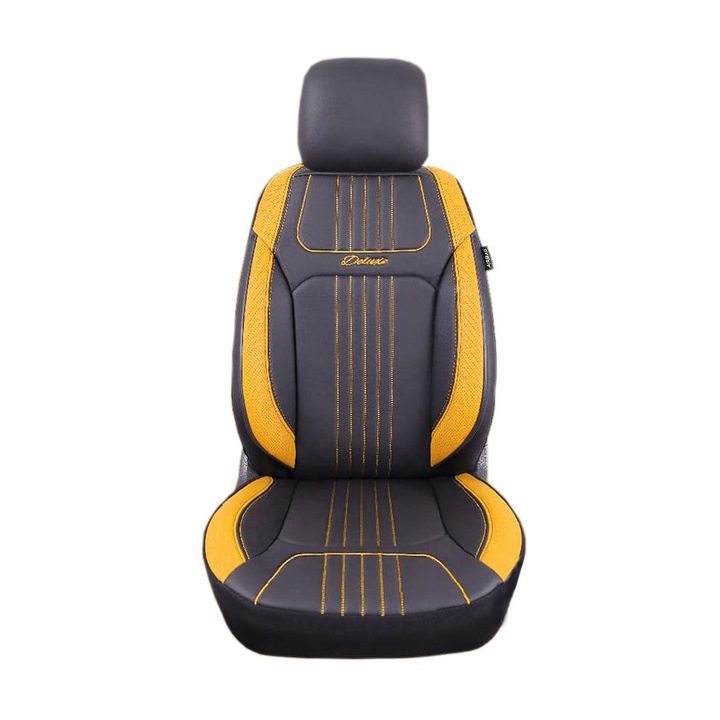 Set huse scaune auto piele ecologica negru cu galben, universale, fata-spate