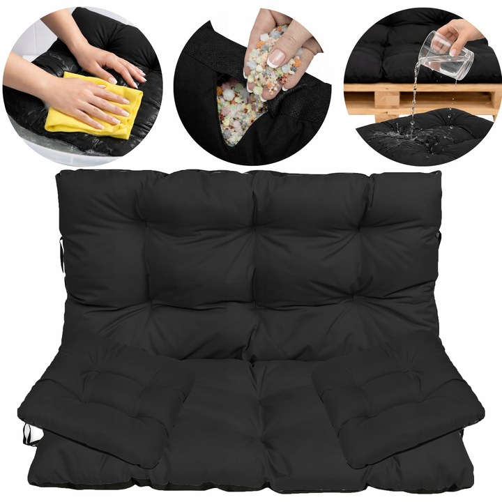 Set Perne banca gradina, terasa, mobilier, Negru, 120x60x50 + 2x 45x45 cm, exterior, impermeabila, pentru balansoar, paleti, banca, Superkissen24