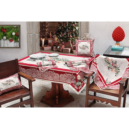 Napron Sweet Red Christmas, runner masa festiva Craciun, bumbac, alb si rosu, imprimeu cu globulete, dimensiuni 45 x 95 cm