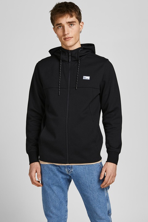 Jack & Jones, Hanorac din amestec de bumbac cu fermoar, Negru