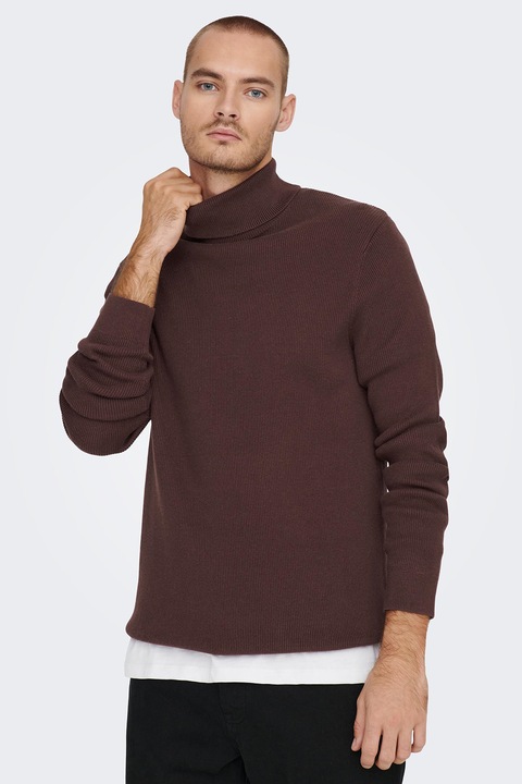 Only & Sons, Рипсен пуловер с поло, Коняк кафяв