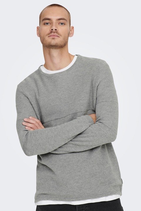Only & Sons, Памучен пуловер с овално деколте, Сив