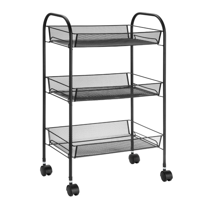 Etajera cu roti, 3 rafturi, 42.3 x 28.5 x 69 cm, metal, Negru