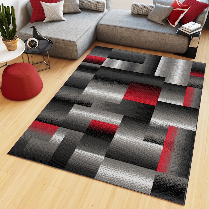 Covor, Tapiso, Maya, Material Polipropilena, Dimensiune 80x150 cm, Design Geometric, Destinat Pentru Camera De Zi, Dormitor, Hol, Bucatarie, Inaltime Fir 8 mm, Greutate 1.62 Kg, Z904E, Gri inchis/Negru/Rosu
