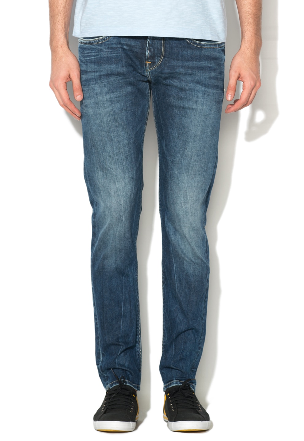 Pepe Jeans London, Blugi slim fit cu aspect decolorat Hatch, Albastru inchis, W33-L32