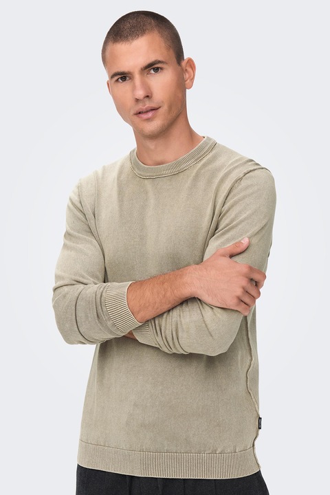 Only & Sons, Пуловер с овално деколте и фина плетка, Сиво-бежов