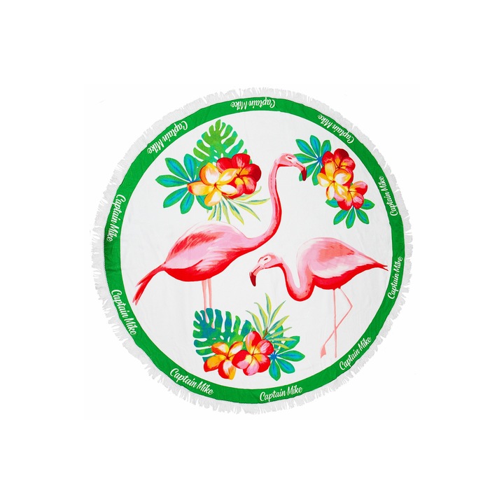 Prosop rotund de plaja cu flamingo, Captain Mike, Poliester, 150 cm, Multicolor