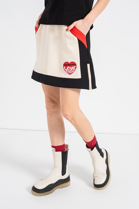 Love Moschino, Разкроена пола с джобове встрани, Червен/Черен/Бежов, S