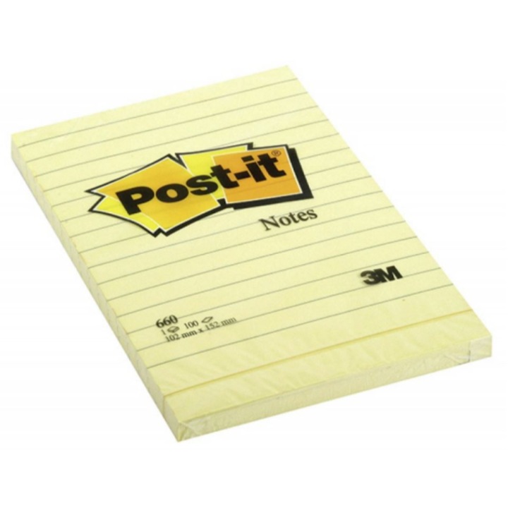 Öntapadó jegyzettömb, 102x152 mm, 100 lap, vonalas, 3M POSTIT, sárga