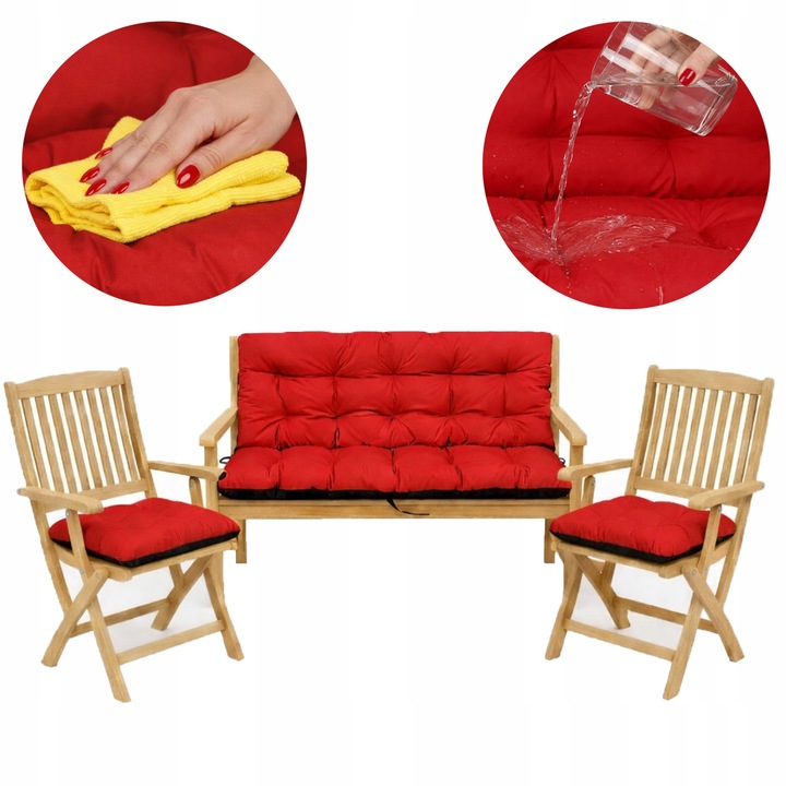 Set Perne banca gradina, terasa, mobilier, Rosu, 180x60x50 + 2x 45x45 cm, exterior, impermeabila, pentru balansoar, paleti, banca, Superkissen24