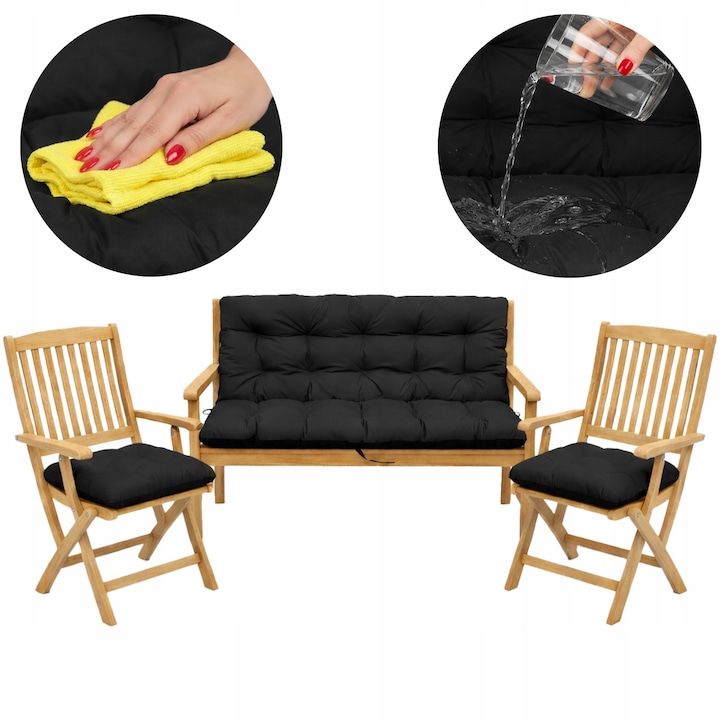 Set Perne banca gradina, terasa, mobilier, Negru, 180x60x50 + 2x 45x45 cm, exterior, impermeabila, pentru balansoar, paleti, banca, Superkissen24