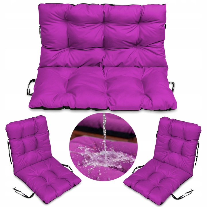 Set Perne banca gradina, terasa, mobilier, Mov, 120x60x50 + 2x 48x48x48 cm, exterior, impermeabila, pentru balansoar, paleti, banca, Superkissen24