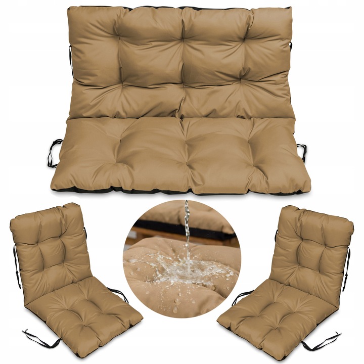 Set Perne banca gradina, terasa, mobilier, Bej, 120x60x50 + 2x 48x48x48 cm, exterior, impermeabila, pentru balansoar, paleti, banca, Superkissen24