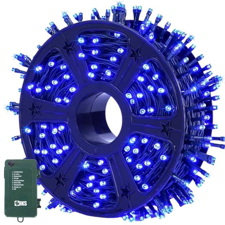 Instalatie de Craciun Liniara SIKS, Interior/Exterior, Rola 100m, 8 jocuri de lumini, Albastru, Fir Negru
