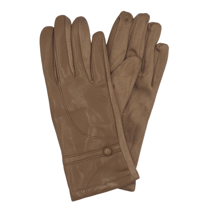 Manusi femei, Onore, bej, piele ecologica si textil, marimea universala, model breteluta cu buton decor la incheietura