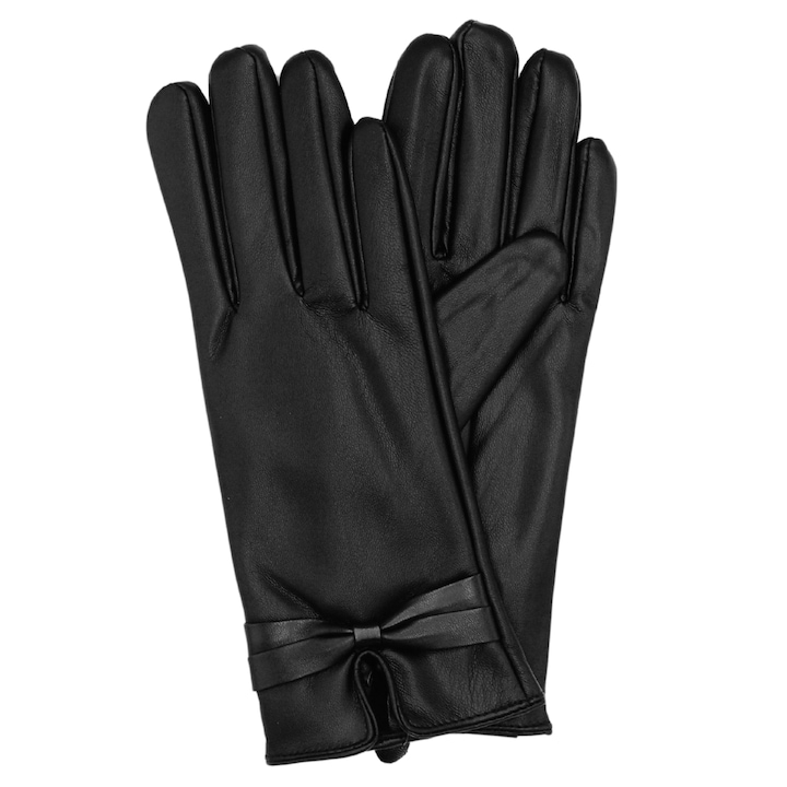 Дамски ръкавици, Onore, черни, екологична кожа, размер XL, модел декорация панделка на китката