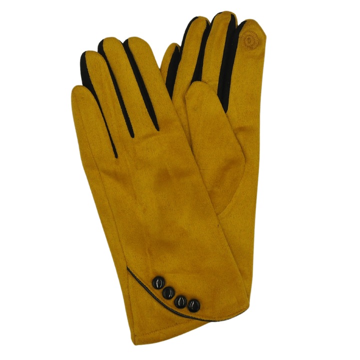 Manusi femei, Onore, galben si maro inchis, bumbac, poliester si elastan, marimea universala, model butoni decor