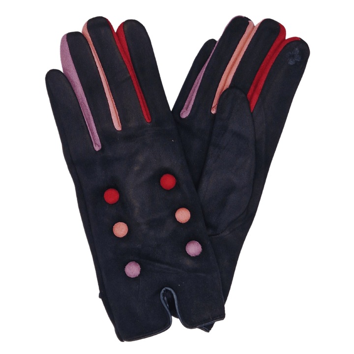 Manusi femei, Onore, negru, bumbac, poliester si elastan, marimea universala, model butoni decor multicolor