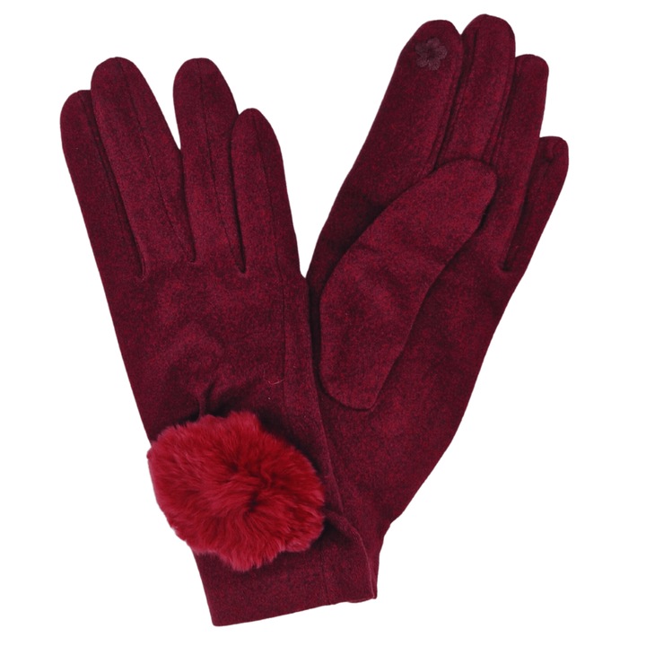 Manusi femei, Onore, grena, bumbac, poliester si elastan, marimea universala, model decor puf