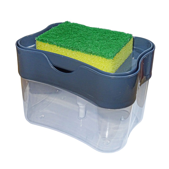 Dozator detergent lichid Natalia,14x9.5x10 cm, burete inclus, transparent si capac gri