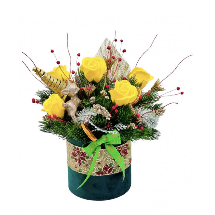 Aranjament de Craciun cu trandafiri din foita de sapun, plante naturale uscate si brad real touch Verde / Galben