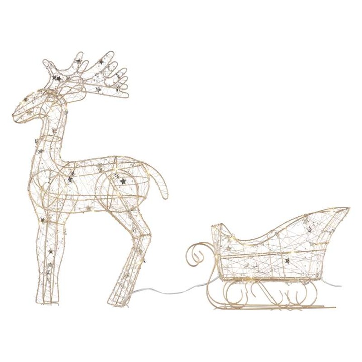 Decoratiune Craciun, Ren cu sanie, cadru metalic, Emos, 50 LED, 3xAA, Lumina Calda, IP20