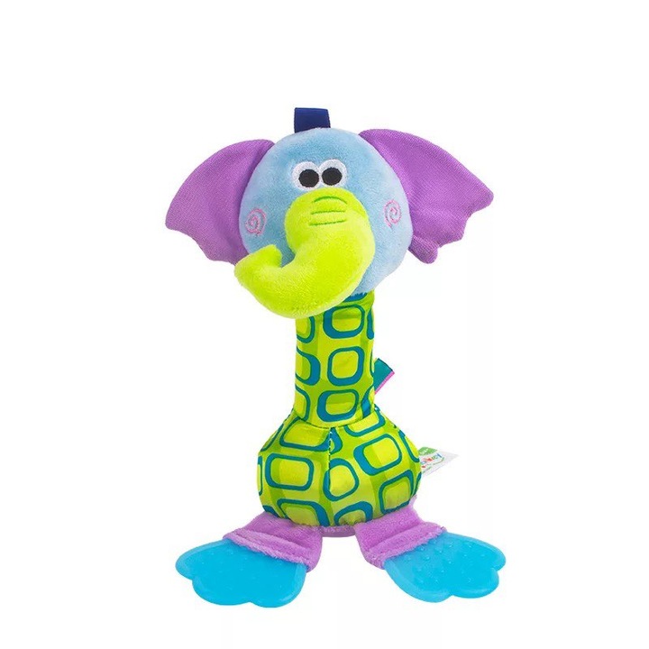 Fogzásgátló játék babáknak, csörgő, susogó fülű állat, elefánt, kék