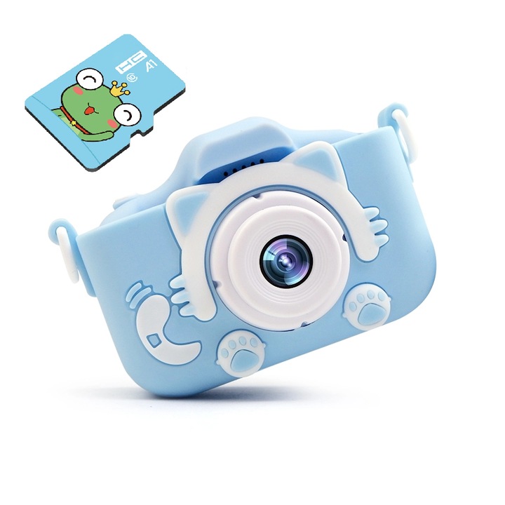 Camera foto digitala pentru copii Kitty, dual camera, card 4GB, 1440/1080p, Albastru