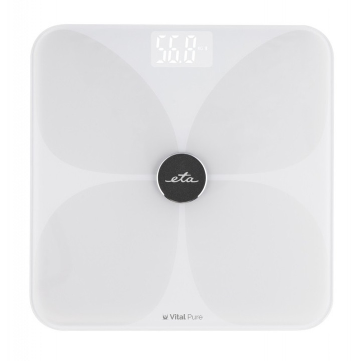 Смарт кантар ETA Vital Pure 7781 90000, 180 Kg, Bluetooth, Безопасно стъкло, бял