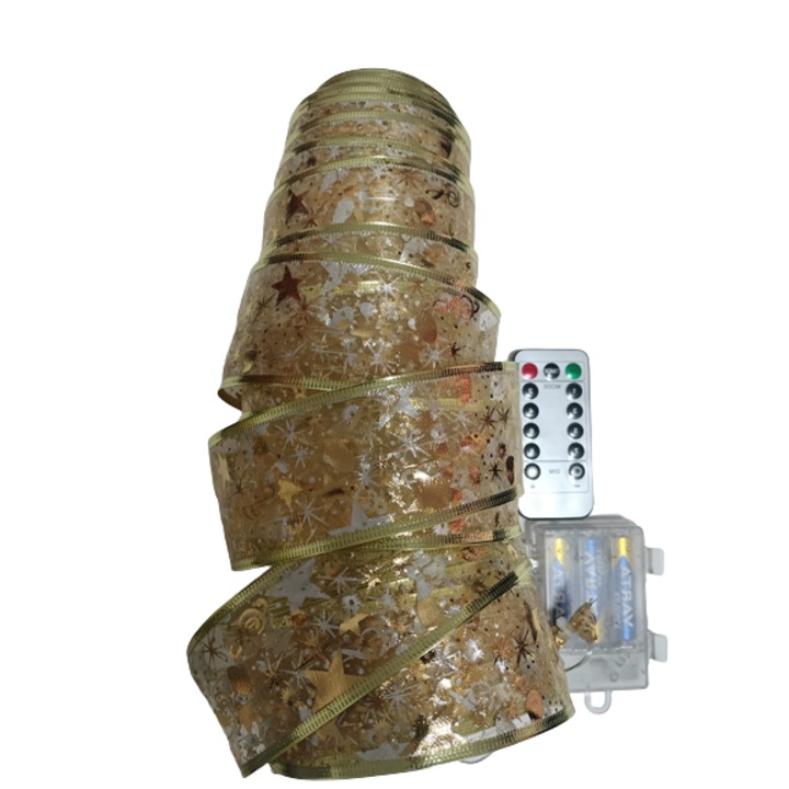 Instalatie Craciun panglica aurie cu leduri albe, 8 jocuri de lumini, functioneaza cu 3 baterii AA 1,5v incluse